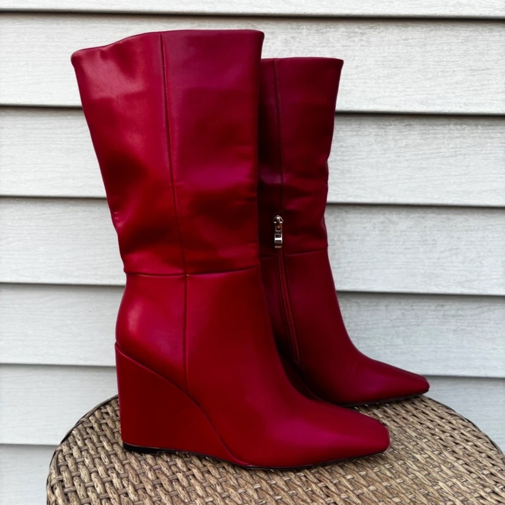 Red Mid-Calf Wedge Boots with Side Zip